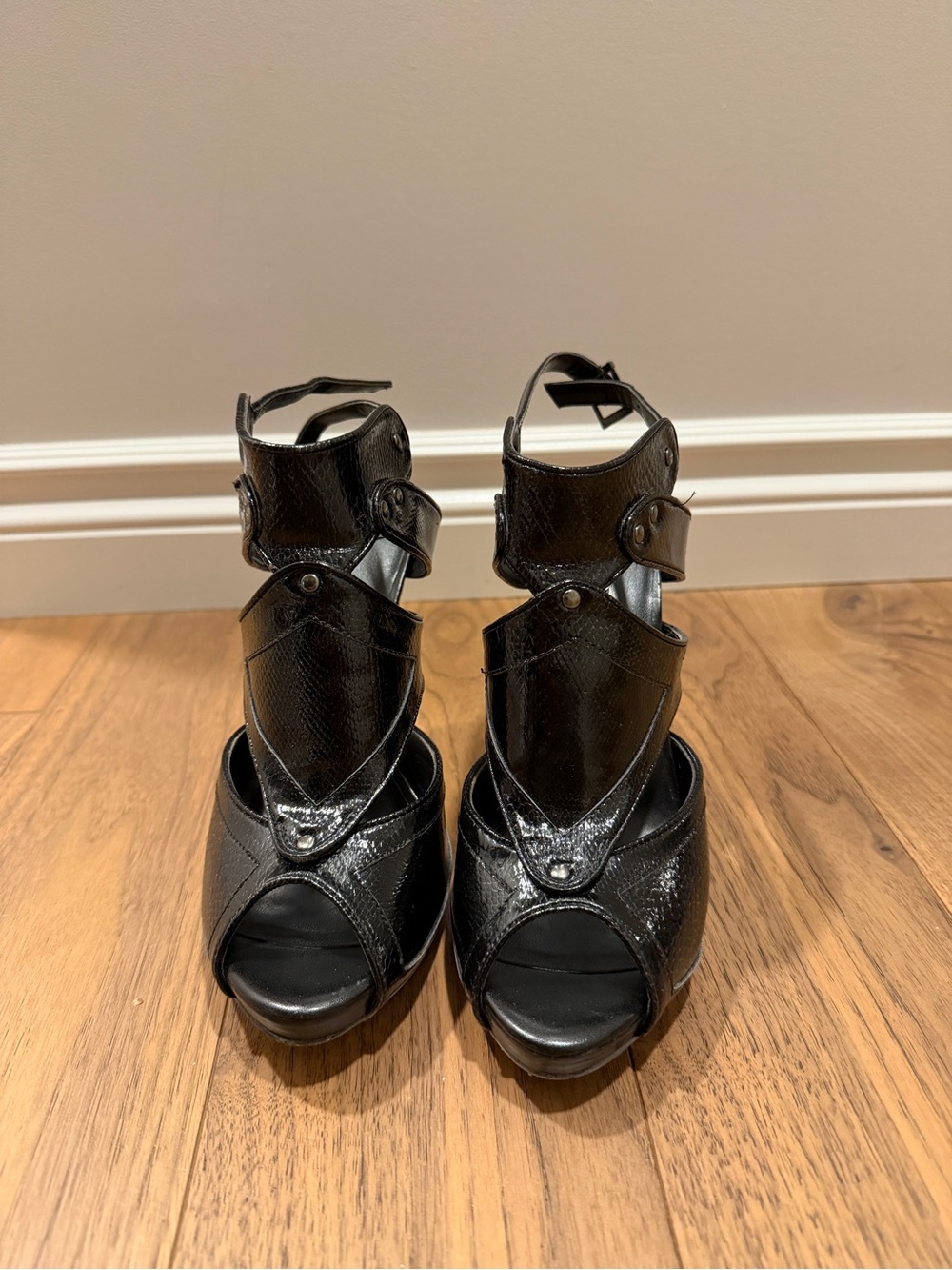 Aldo Black Patent Leather Strappy Platform Heels